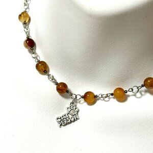 Genuine Earthy Carnelian Agate Short Necklace, Gemstone & Cat Person Paw Print
